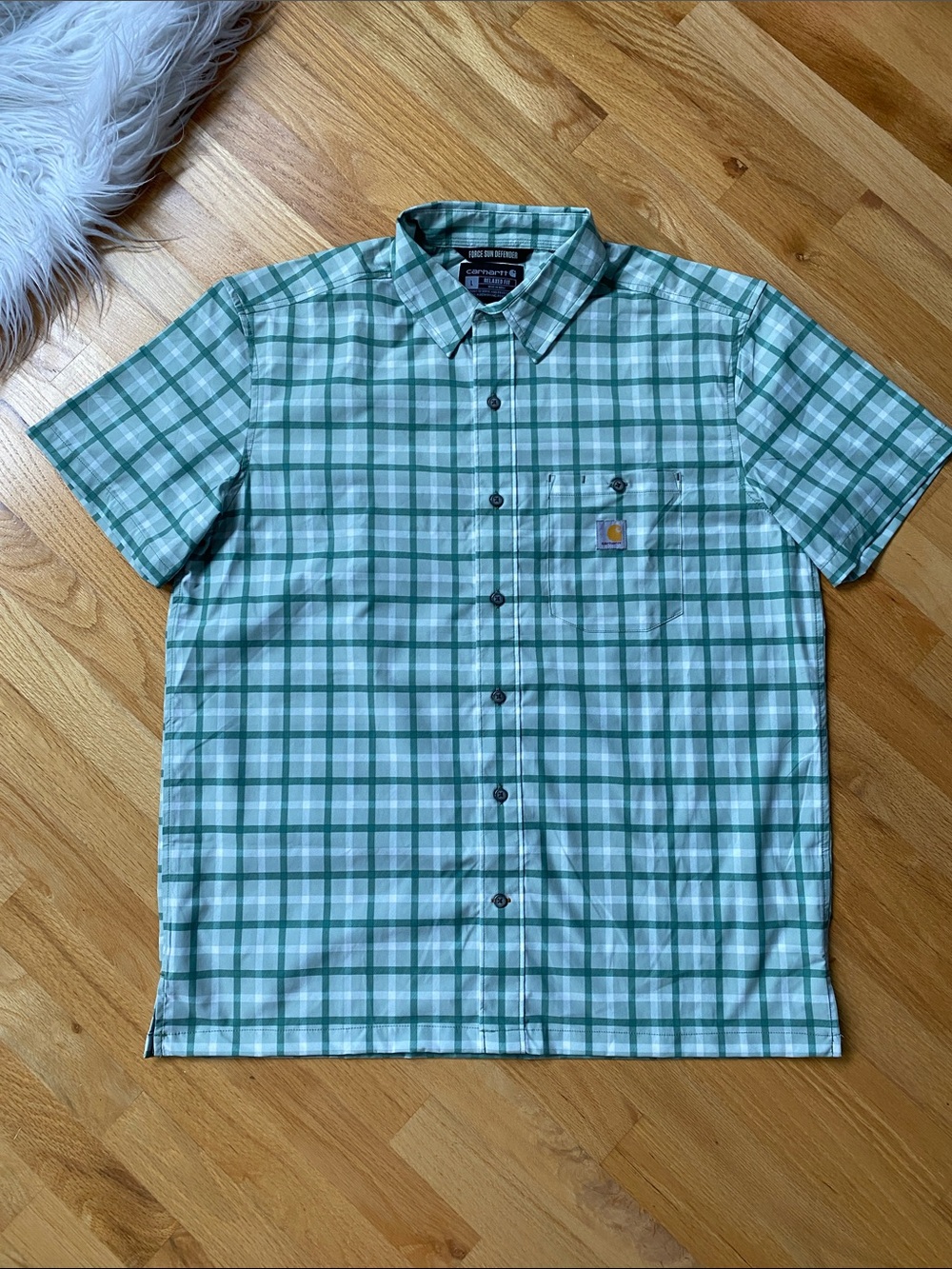 Carhartt NEW Force Sun Defender  Light Green and White Plaid Short-Sleeve Shirt